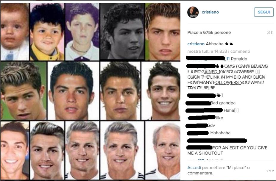 Cristiano Ronaldo, 30 anni, si diverte su Instagram pubblicando una striscia di foto mostrandosi da bambino a... anziano, giocando con le applicazioni. Ve lo sareste mai immaginato un CR7 cos invecchiato?